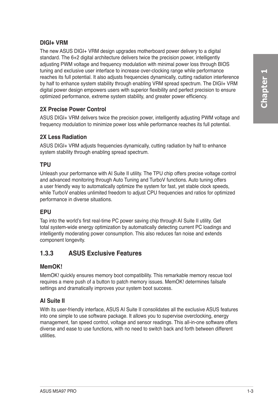 3 asus exclusive features, Asus exclusive features -3, Chapter 1 | Asus M5A97 PRO User Manual | Page 15 / 128