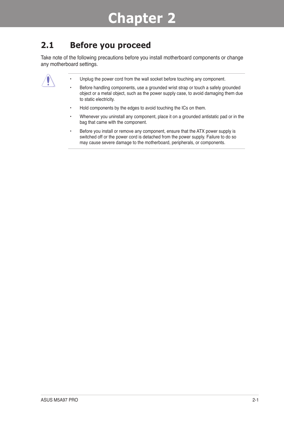 Chapter 2: hardware information, 1 before you proceed, Chapter 2 | Hardware information, Before you proceed -1 | Asus M5A97 PRO User Manual | Page 19 / 128