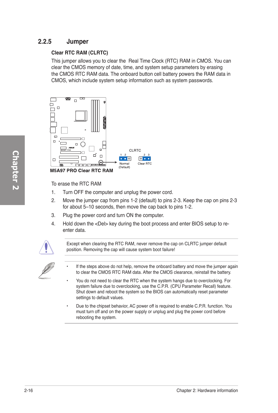 5 jumper, Jumper -16, Chapter 2 | Asus M5A97 PRO User Manual | Page 34 / 128