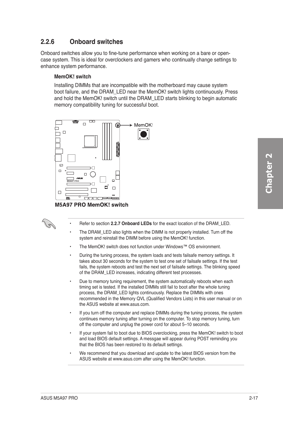 6 onboard switches, Onboard switches -17, Chapter 2 | Asus M5A97 PRO User Manual | Page 35 / 128