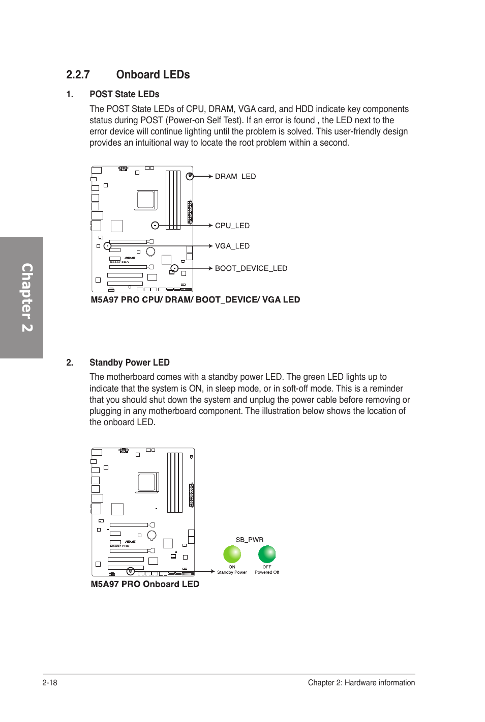 7 onboard leds, Onboard leds -18, Chapter 2 | Asus M5A97 PRO User Manual | Page 36 / 128