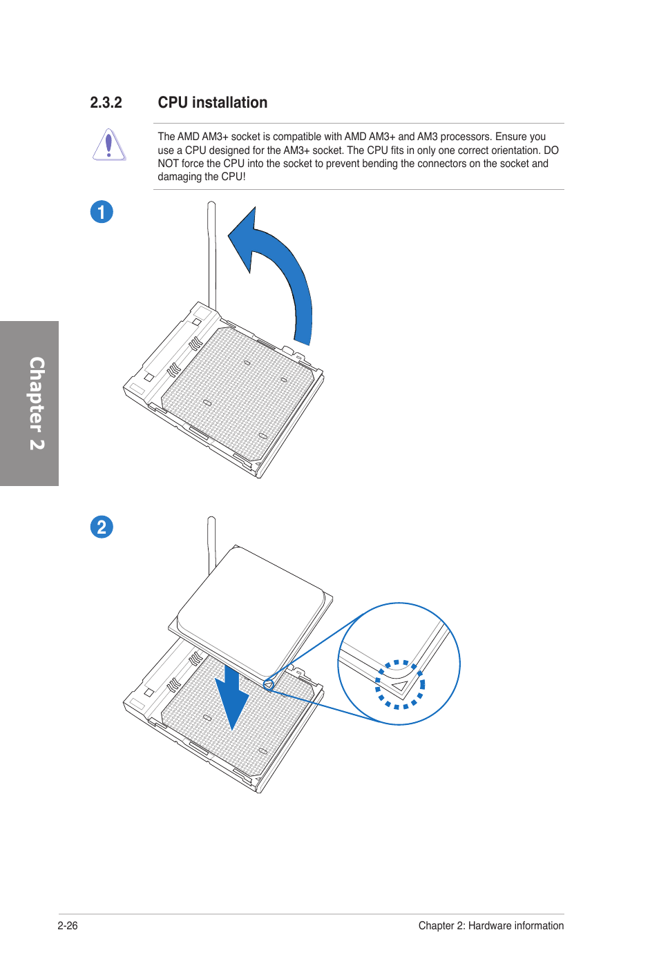 2 cpu installation, Cpu installation -26, Chapter 2 1 2 | Asus M5A97 PRO User Manual | Page 44 / 128