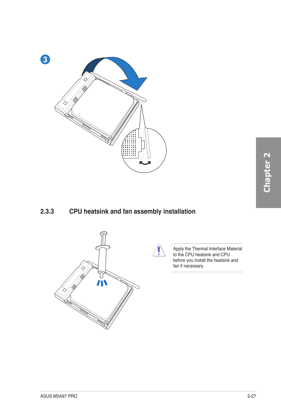 3 cpu heatsink and fan assembly installation, Cpu heatsink and fan assembly installation -27, Chapter 2 3 | Asus M5A97 PRO User Manual | Page 45 / 128