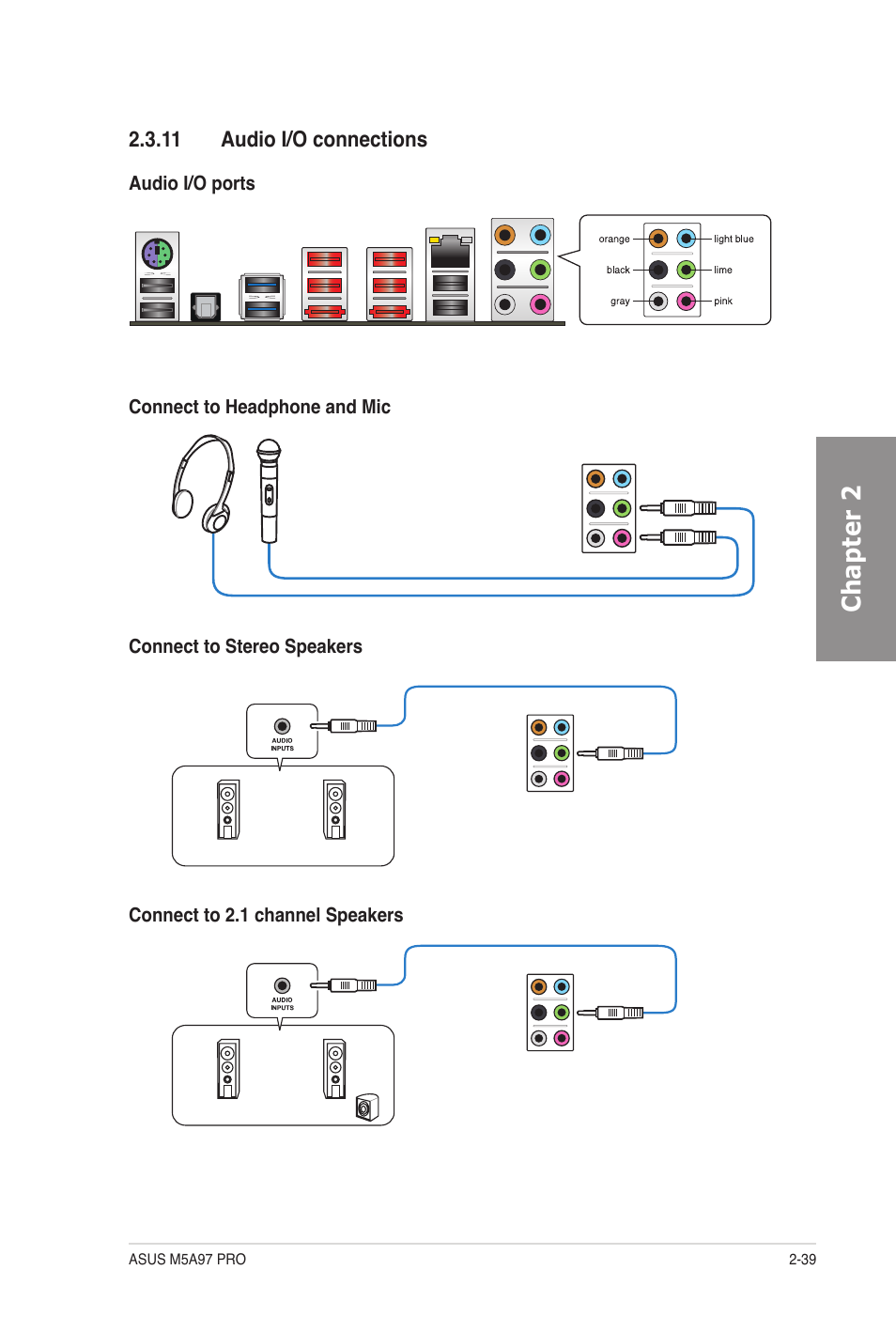 11 audio i/o connections, Audio i/o connections -39, Chapter 2 | Asus M5A97 PRO User Manual | Page 57 / 128