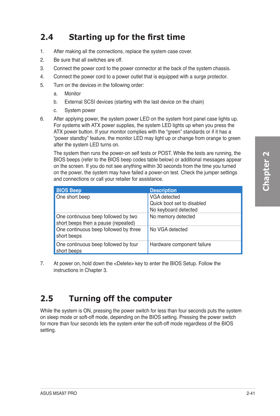 4 starting up for the first time, 5 turning off the computer, Starting up for the first time -41 | Turning off the computer -41, Chapter 2 2.4 starting up for the first time | Asus M5A97 PRO User Manual | Page 59 / 128