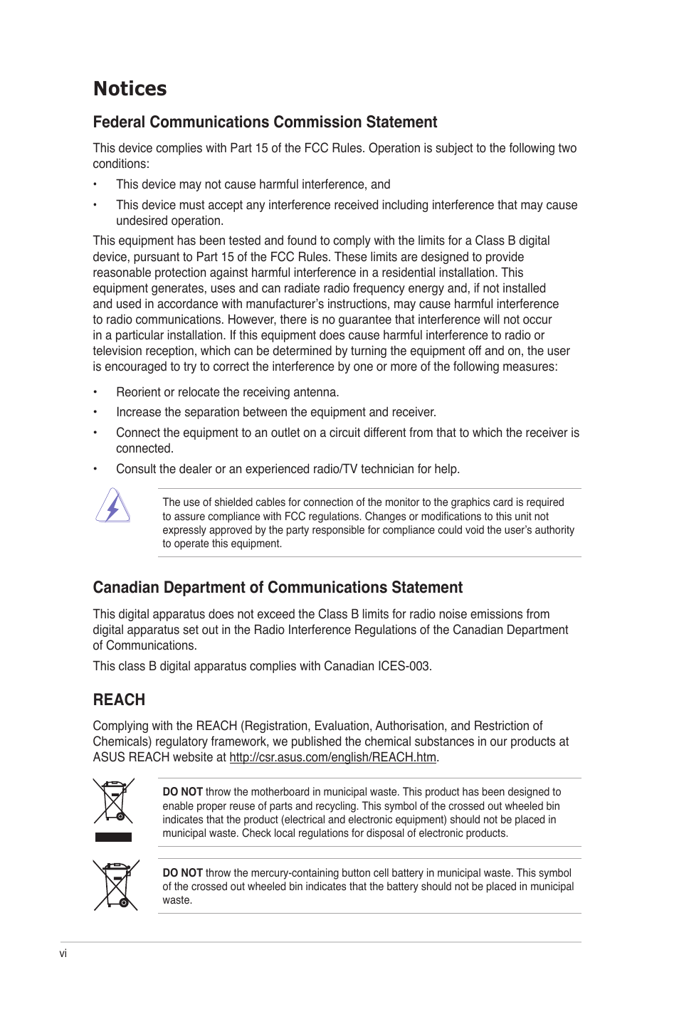 Notices, Federal communications commission statement, Canadian department of communications statement | Reach | Asus M5A97 PRO User Manual | Page 6 / 128