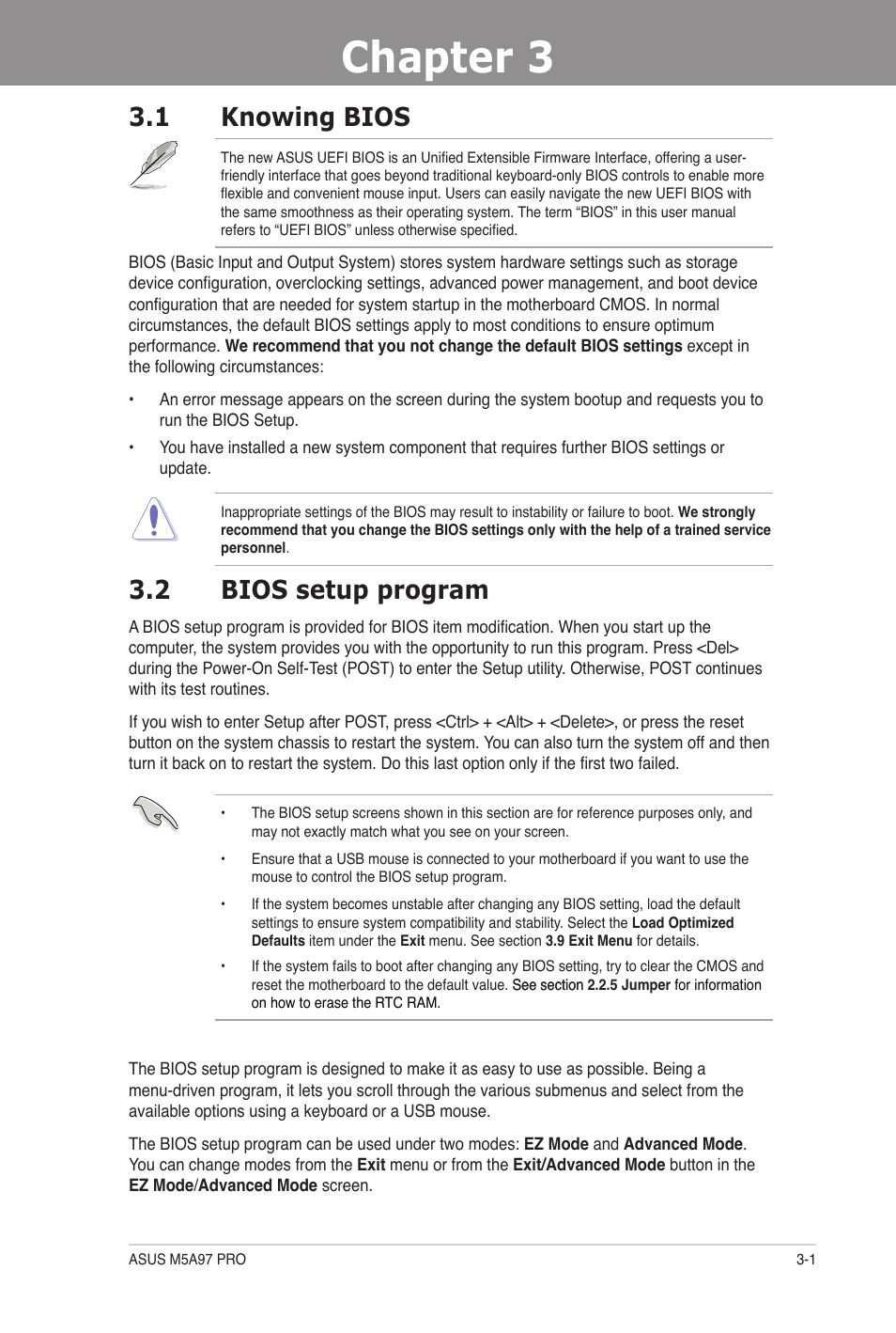 Chapter 3: bios setup, 1 knowing bios, 2 bios setup program | Chapter 3, Bios setup, Knowing bios -1, Bios setup program -1 | Asus M5A97 PRO User Manual | Page 61 / 128