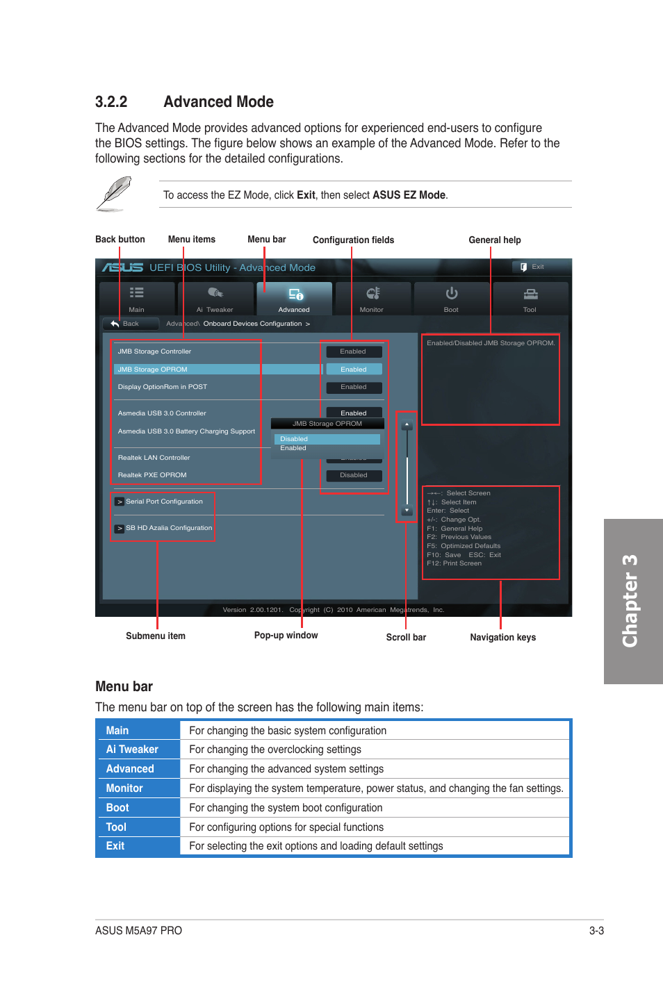 2 advanced mode, Advanced mode -3, Chapter 3 | Menu bar | Asus M5A97 PRO User Manual | Page 63 / 128