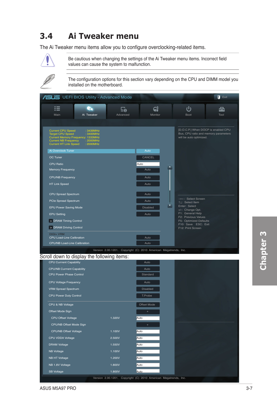 4 ai tweaker menu, Ai tweaker menu -7, Chapter 3 3.4 ai tweaker menu | Scroll down to display the following items | Asus M5A97 PRO User Manual | Page 67 / 128