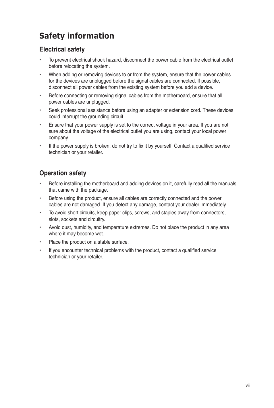 Safety information, Electrical safety, Operation safety | Asus M5A97 PRO User Manual | Page 7 / 128