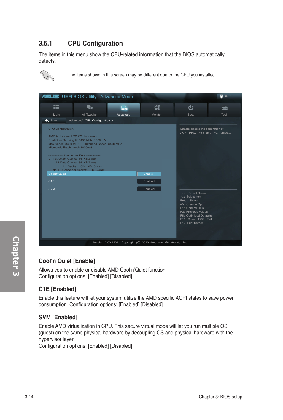 1 cpu configuration, Cpu configuration -14, Chapter 3 | Cool‘n’quiet [enable, C1e [enabled, Svm [enabled, 14 chapter 3: bios setup | Asus M5A97 PRO User Manual | Page 74 / 128