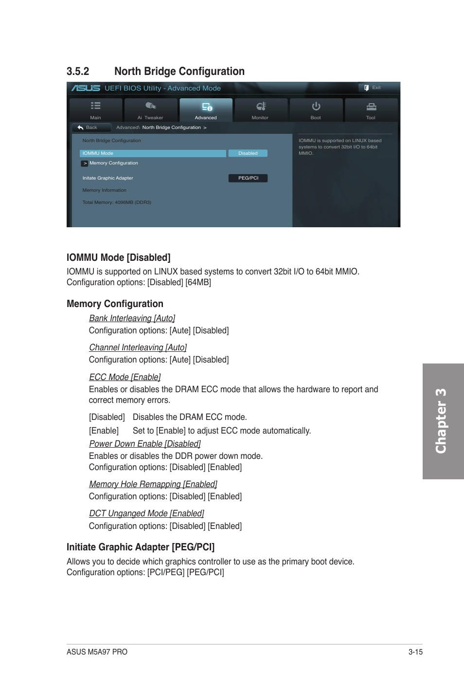 2 north bridge configuration, North bridge configuration -15, Chapter 3 | Iommu mode [disabled, Initiate graphic adapter [peg/pci | Asus M5A97 PRO User Manual | Page 75 / 128