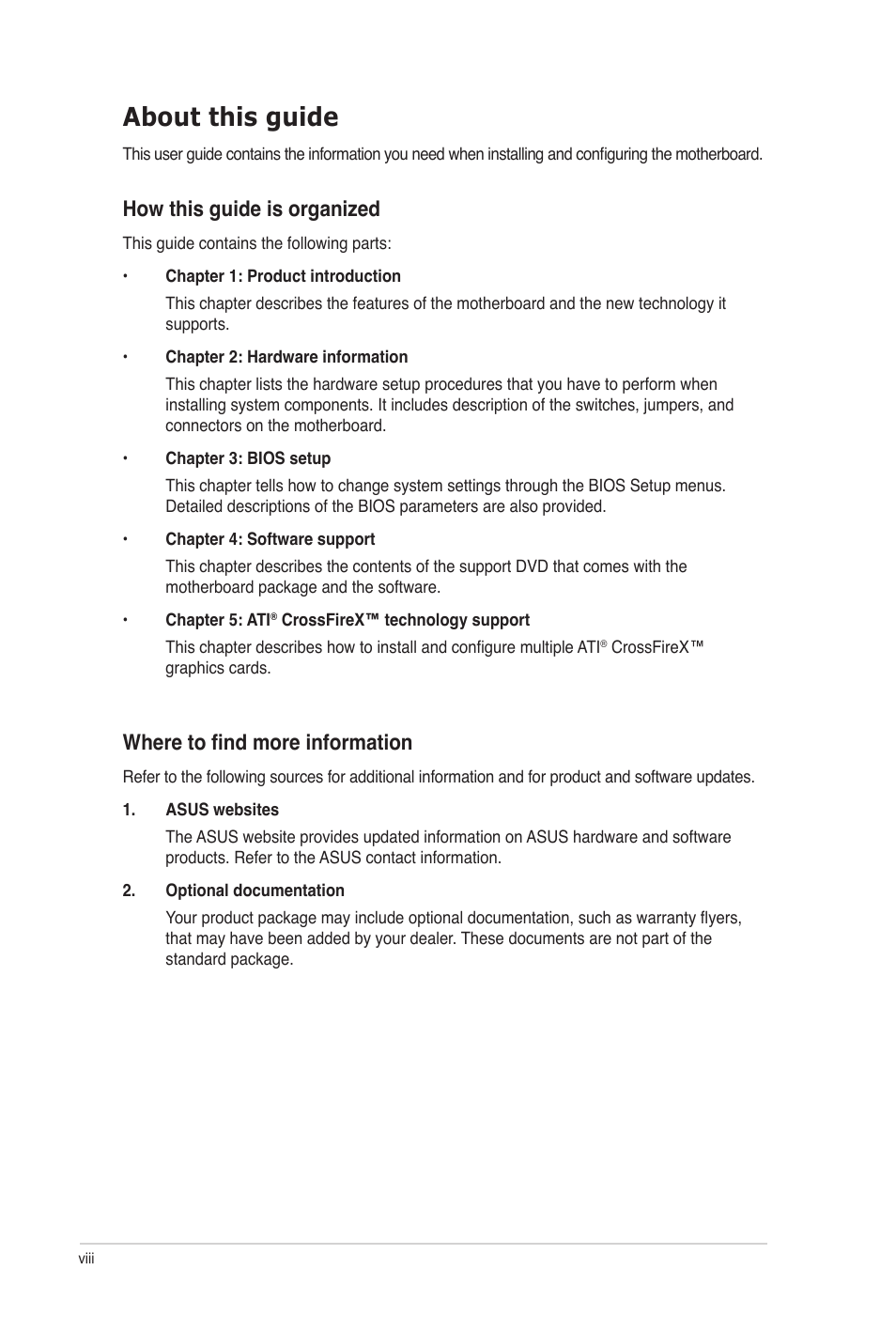 About this guide, How this guide is organized, Where to find more information | Asus M5A97 PRO User Manual | Page 8 / 128