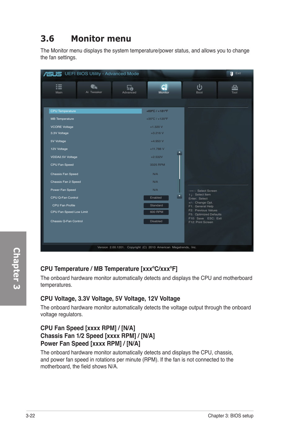 6 monitor menu, Monitor menu -22, Chapter 3 3.6 monitor menu | Cpu temperature / mb temperature [xxxºc/xxxºf, 22 chapter 3: bios setup | Asus M5A97 PRO User Manual | Page 82 / 128