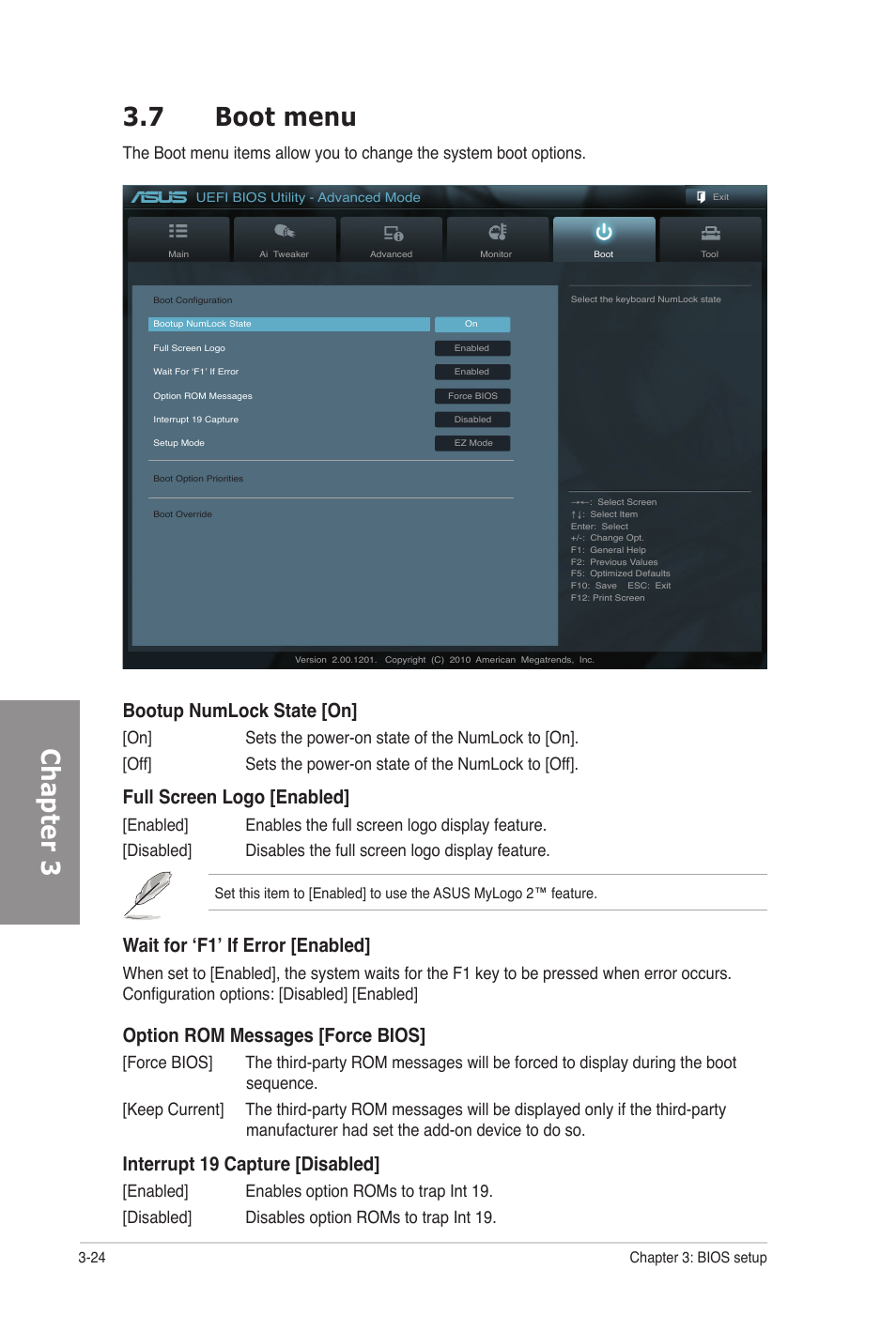 7 boot menu, Boot menu -24, Chapter 3 3.7 boot menu | Bootup numlock state [on, Full screen logo [enabled, Wait for ‘f1’ if error [enabled, Option rom messages [force bios, Interrupt 19 capture [disabled | Asus M5A97 PRO User Manual | Page 84 / 128