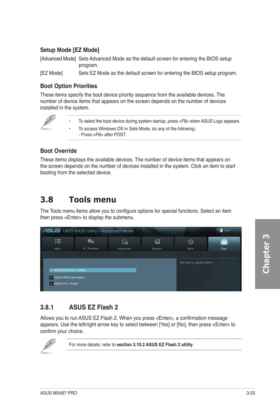 8 tools menu, 1 asus ez flash 2, Tools menu -25 3.8.1 | Asus ez flash 2 -25, Chapter 3 3.8 tools menu, Setup mode [ez mode, Boot option priorities, Boot override | Asus M5A97 PRO User Manual | Page 85 / 128