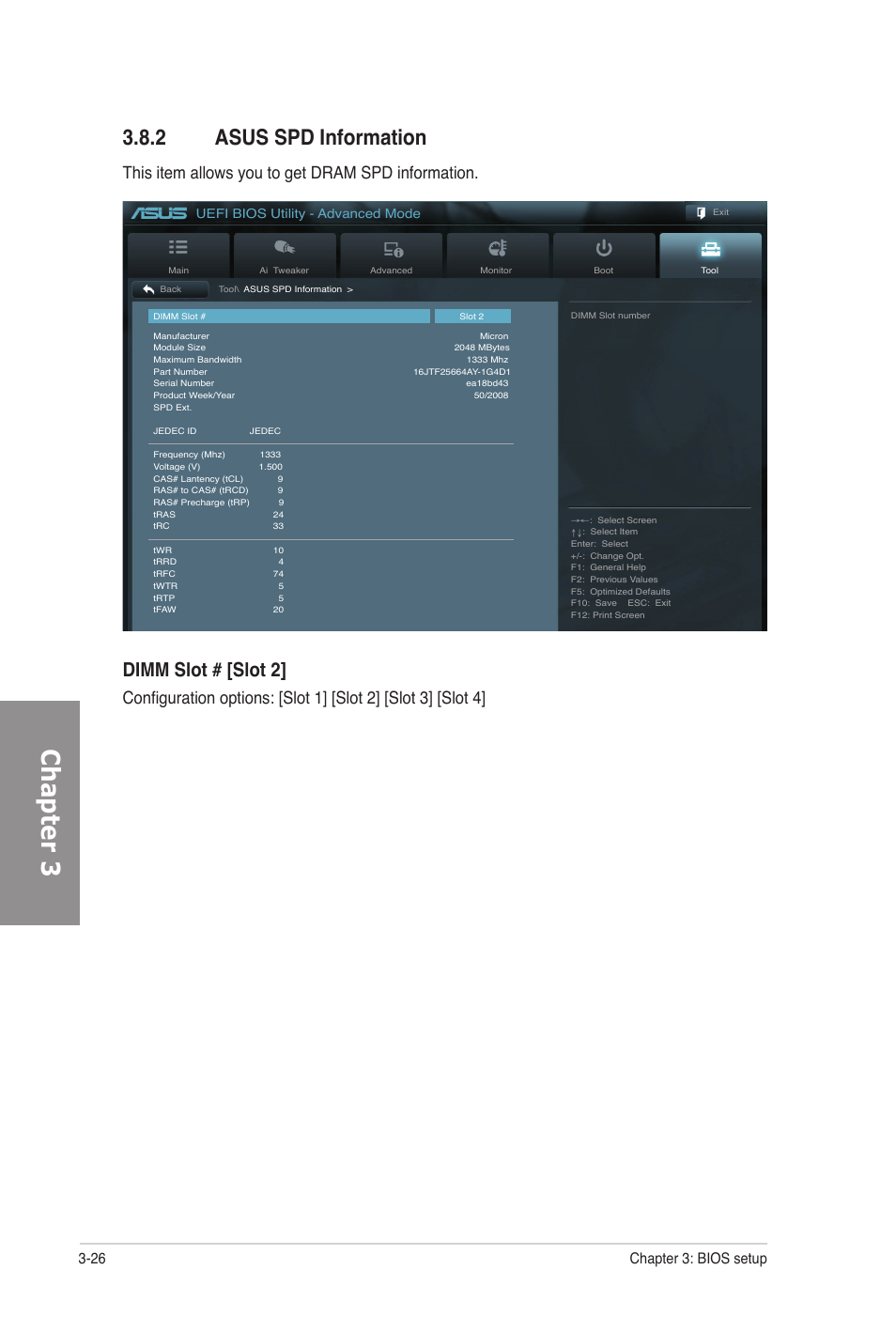 2 asus spd information, Asus spd information -26, Chapter 3 | Dimm slot # [slot 2, This item allows you to get dram spd information, 26 chapter 3: bios setup | Asus M5A97 PRO User Manual | Page 86 / 128