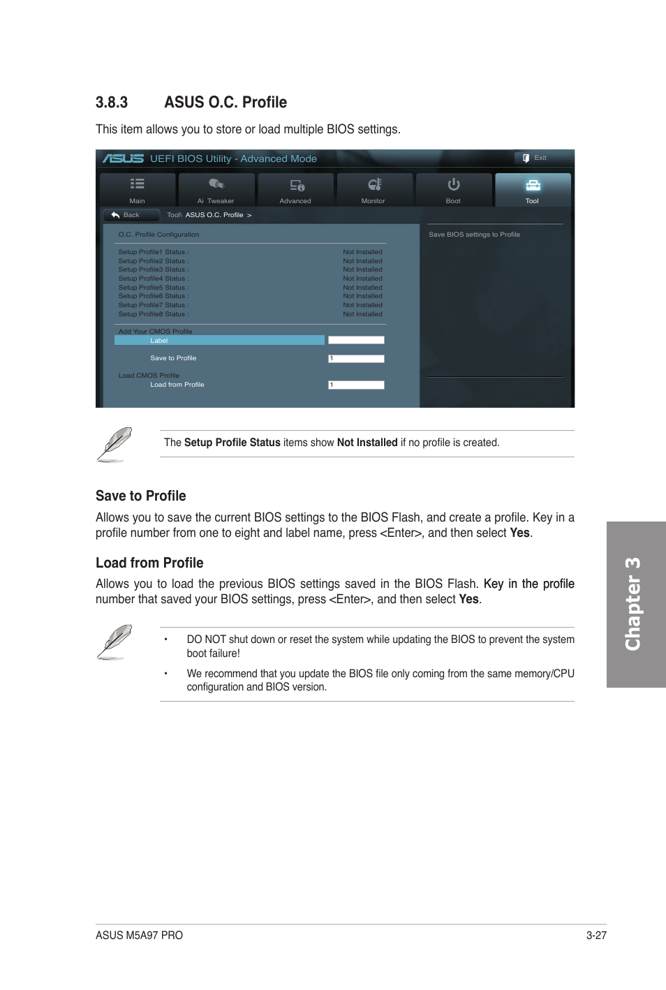 3 asus o.c. profile, Asus o.c. profile -27, Chapter 3 | Save to profile, Load from profile | Asus M5A97 PRO User Manual | Page 87 / 128