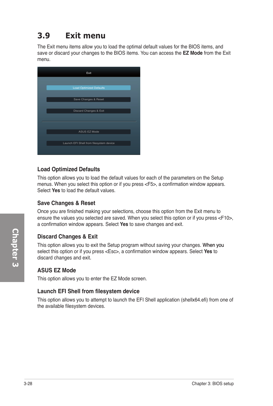 9 exit menu, Exit menu -28, Chapter 3 3.9 exit menu | Asus M5A97 PRO User Manual | Page 88 / 128