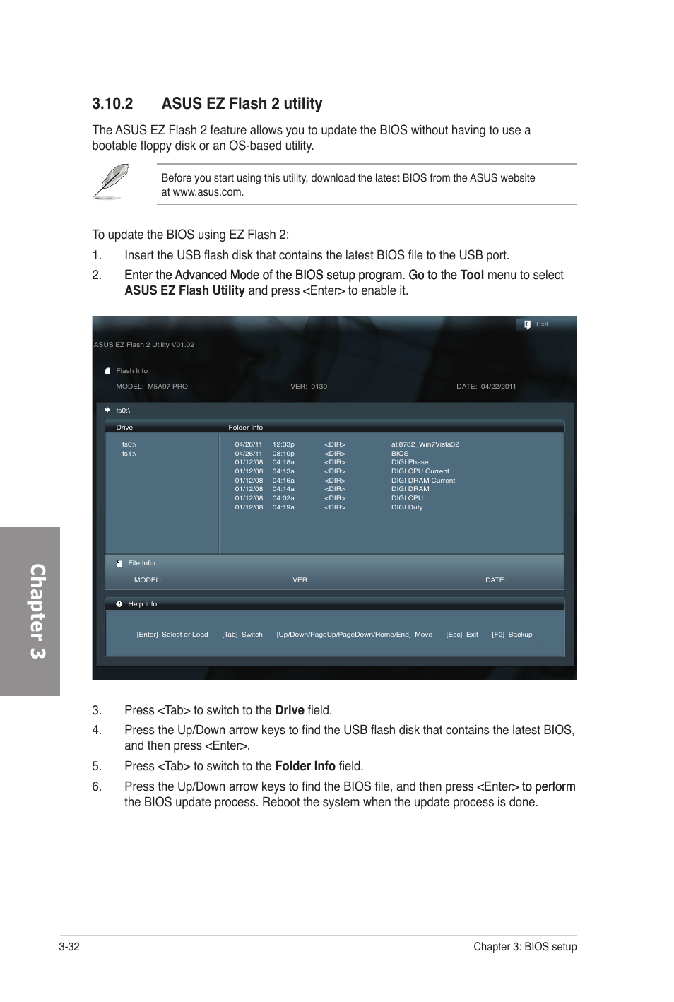 2 asus ez flash 2 utility, Asus ez flash 2 utility -32, Chapter 3 | 32 chapter 3: bios setup | Asus M5A97 PRO User Manual | Page 92 / 128