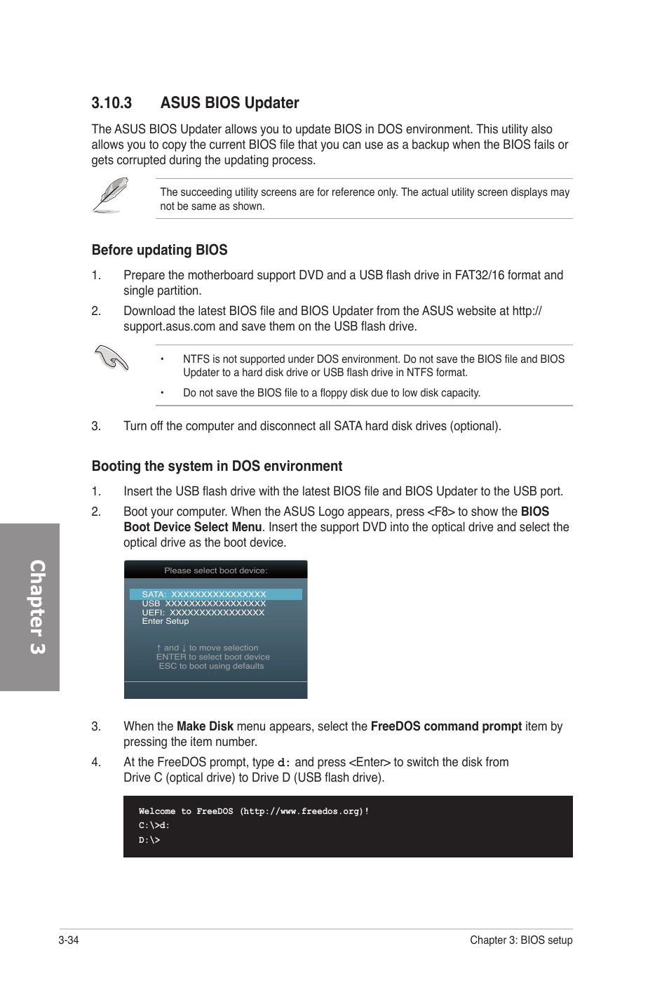 3 asus bios updater, Asus bios updater -34, Chapter 3 | Booting the system in dos environment, Before updating bios | Asus M5A97 PRO User Manual | Page 94 / 128