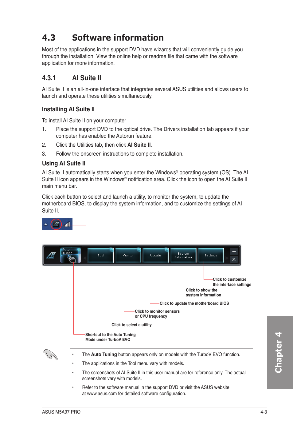 3 software information, 1 ai suite ii, Software information -3 4.3.1 | Ai suite ii -3, Chapter 4 4.3 software information | Asus M5A97 PRO User Manual | Page 99 / 128