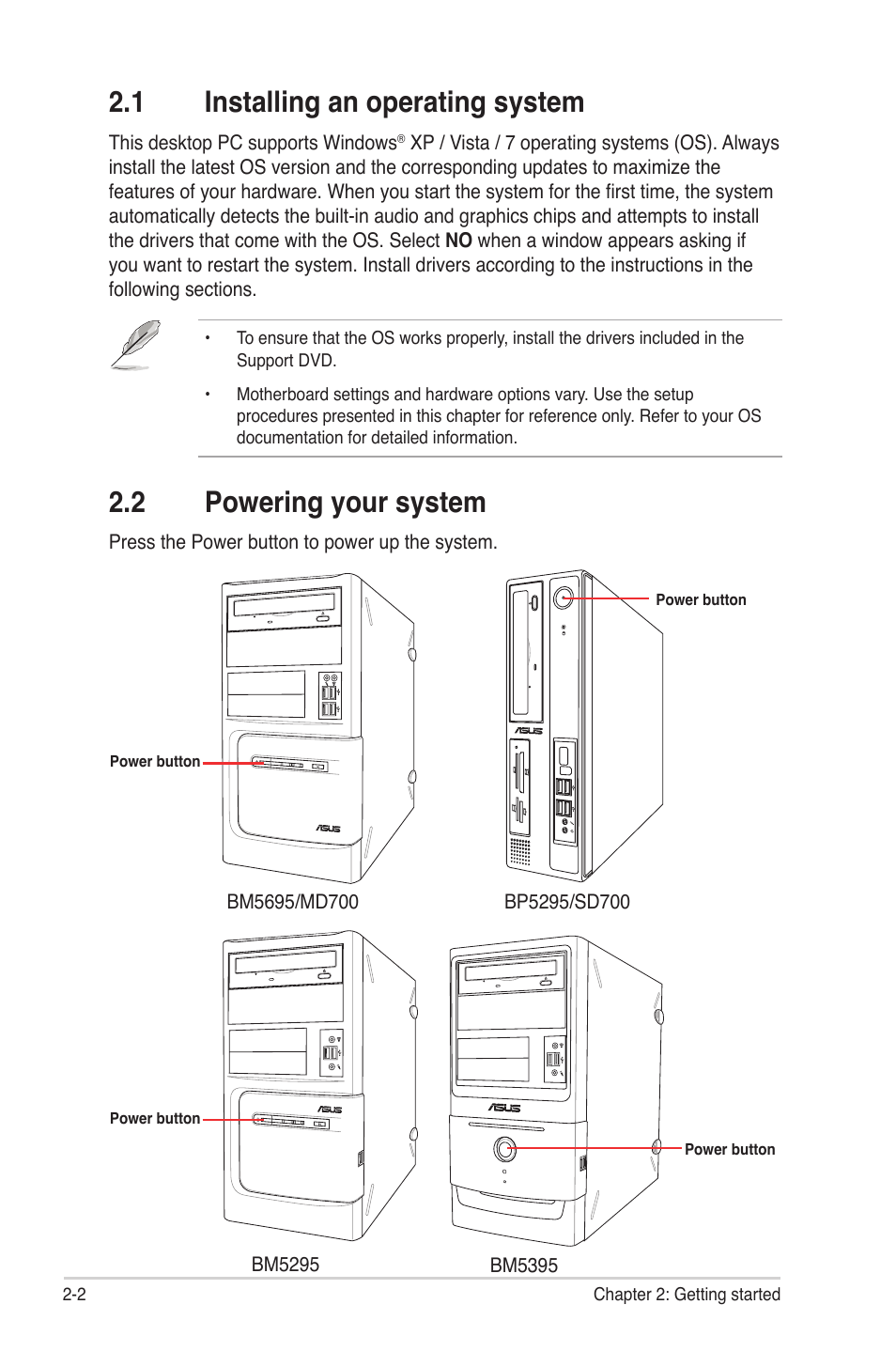 1 installing an operating system, 2 powering your system, Installing an operating system -2 | Powering your system -2 | Asus BP5295 User Manual | Page 18 / 35