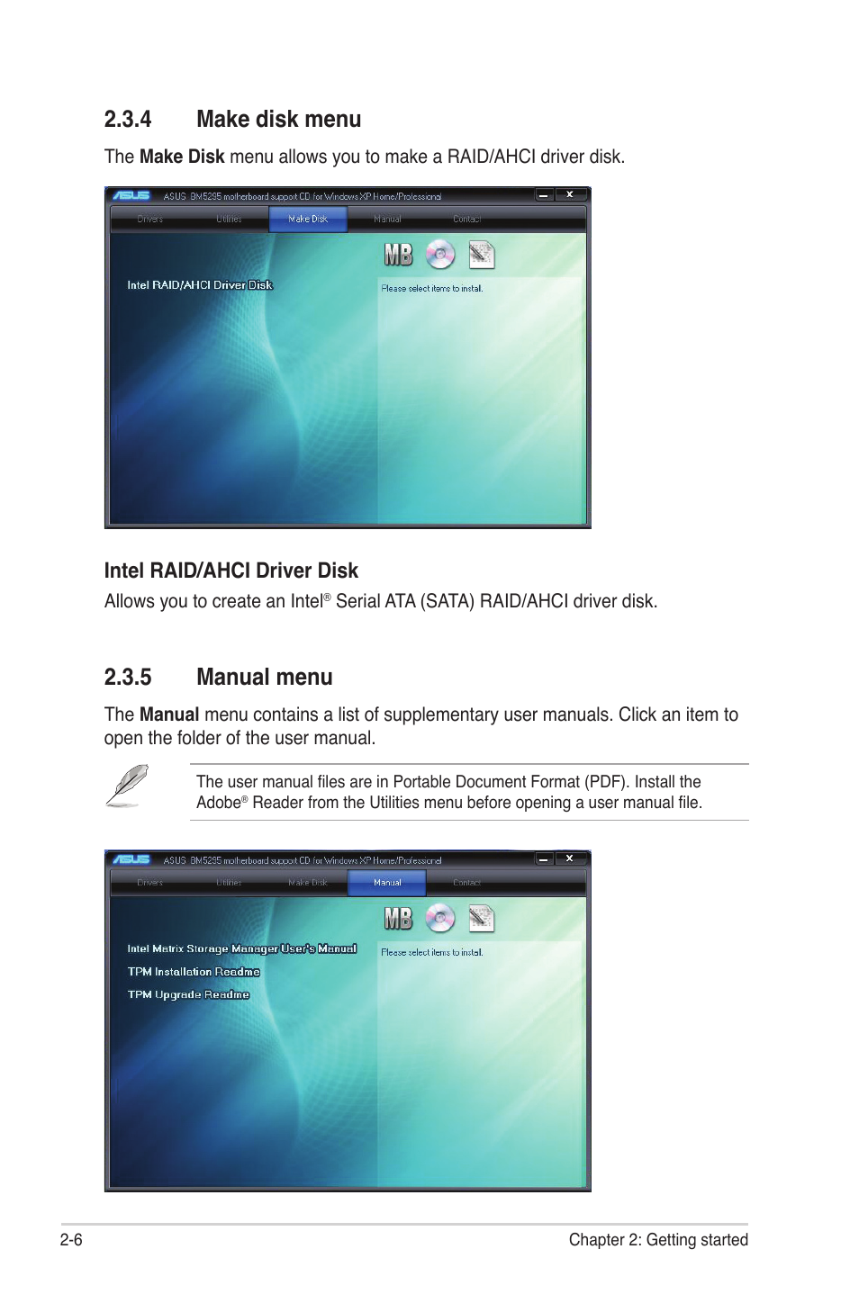 4 make disk menu, 5 manual menu, Make disk menu -6 | Manual menu -6 | Asus BP5295 User Manual | Page 22 / 35