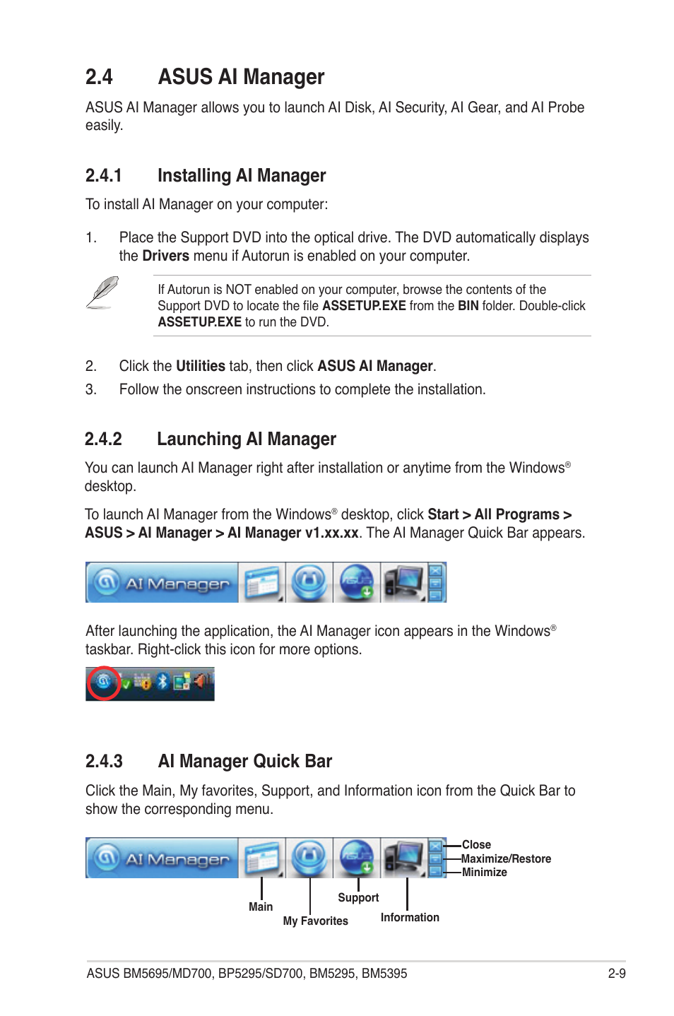 4 asus ai manager, 1 installing ai manager, 2 launching ai manager | 3 ai manager quick bar, Asus ai manager -9 2.4.1, Installing ai manager -9, Launching ai manager -9, Ai manager quick bar -9 | Asus BP5295 User Manual | Page 25 / 35