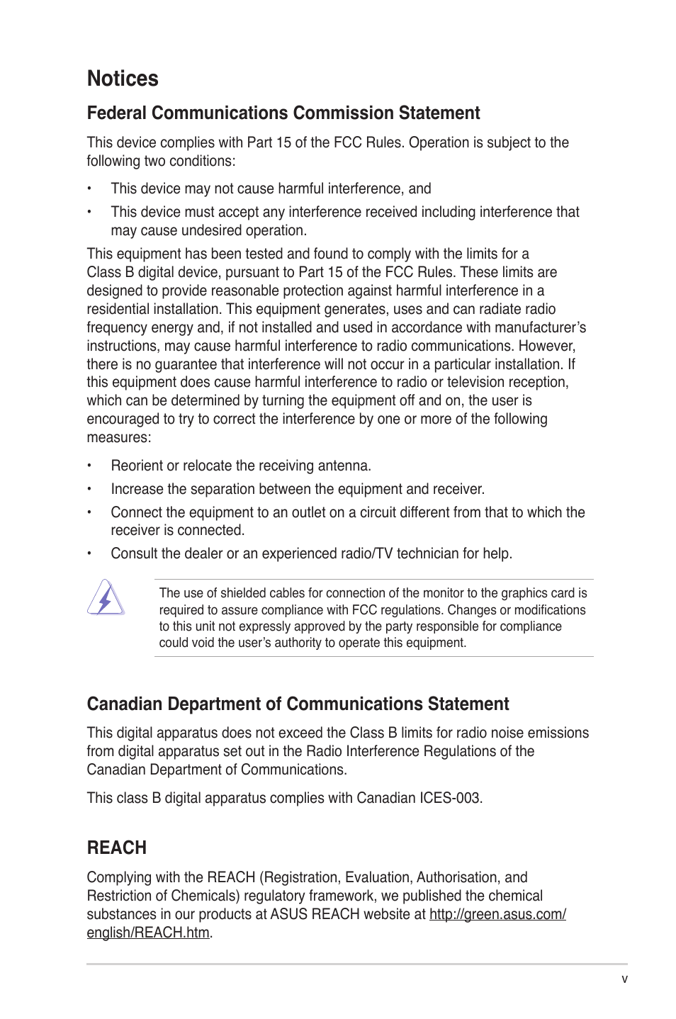 Notices, Federal communications commission statement, Canadian department of communications statement | Reach | Asus BP5295 User Manual | Page 5 / 35