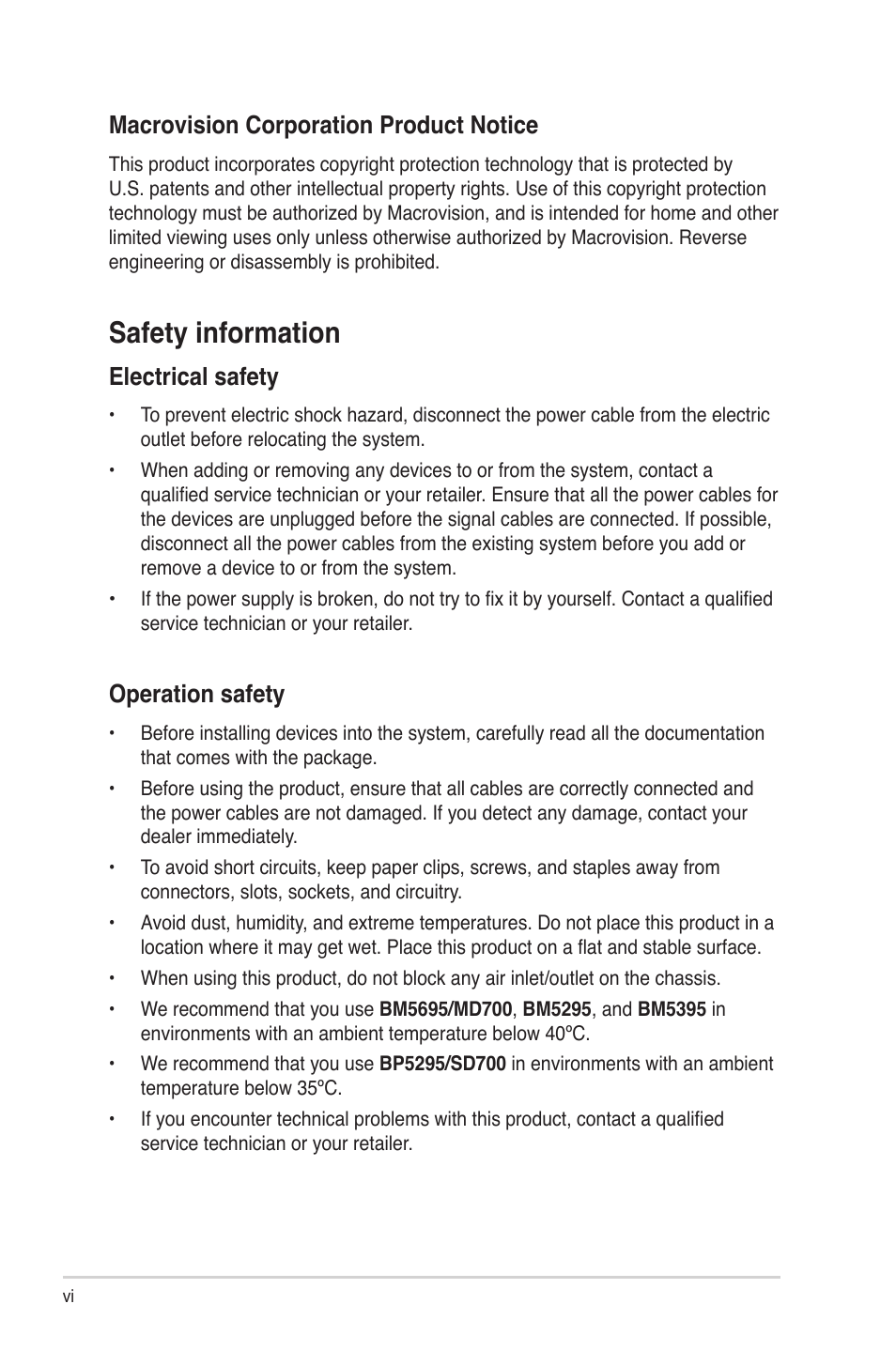 Safety information, Electrical safety, Operation safety | Macrovision corporation product notice | Asus BP5295 User Manual | Page 6 / 35