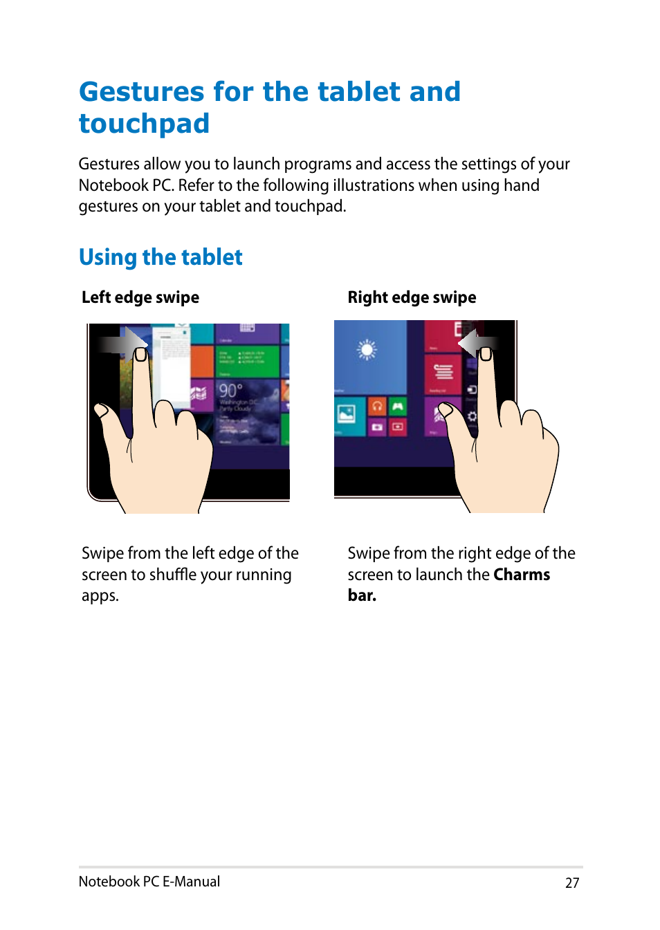 Gestures for the tablet and touchpad, Using the tablet | Asus T100TA User Manual | Page 27 / 96