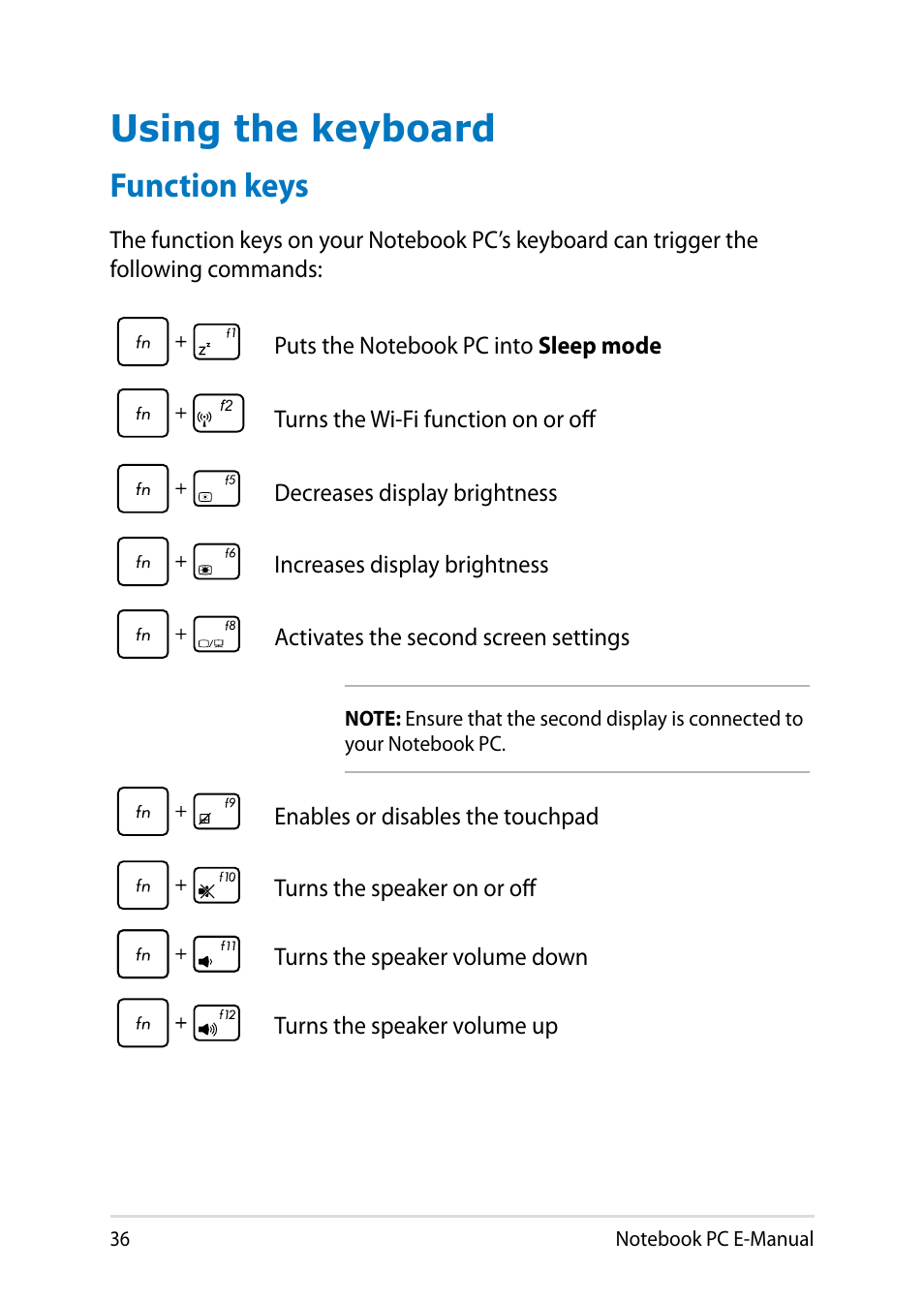 Using the keyboard, Function keys | Asus T100TA User Manual | Page 36 / 96