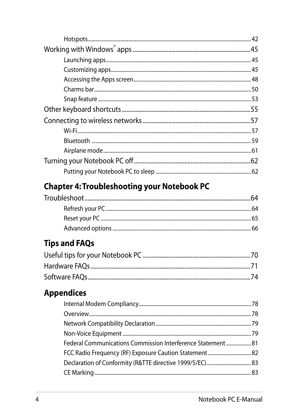 Tips and faqs, Appendices | Asus T100TA User Manual | Page 4 / 96