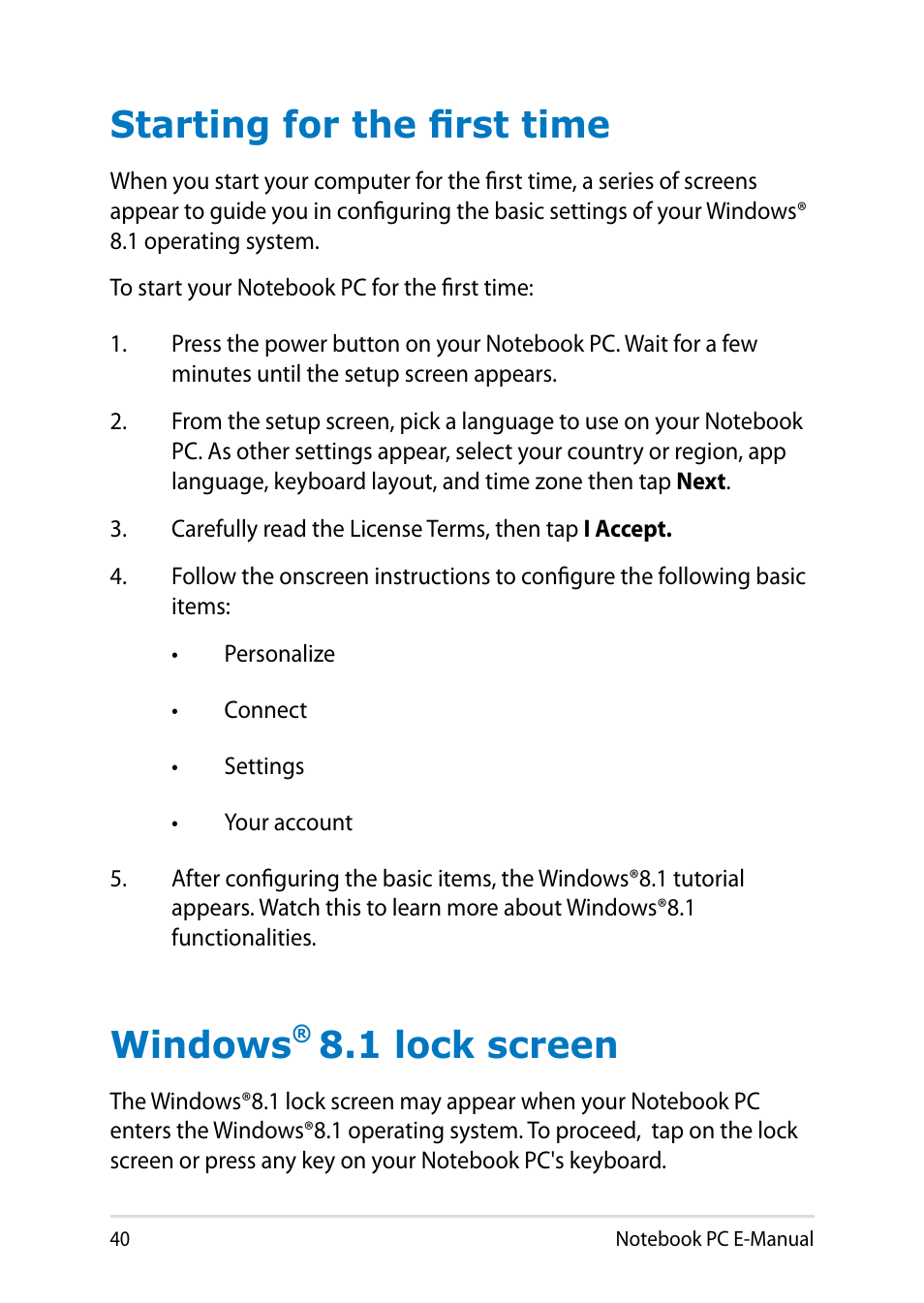 Starting for the first time, Windows® 8.1 lock screen, Starting for the first time windows | 1 lock screen, Windows | Asus T100TA User Manual | Page 40 / 96