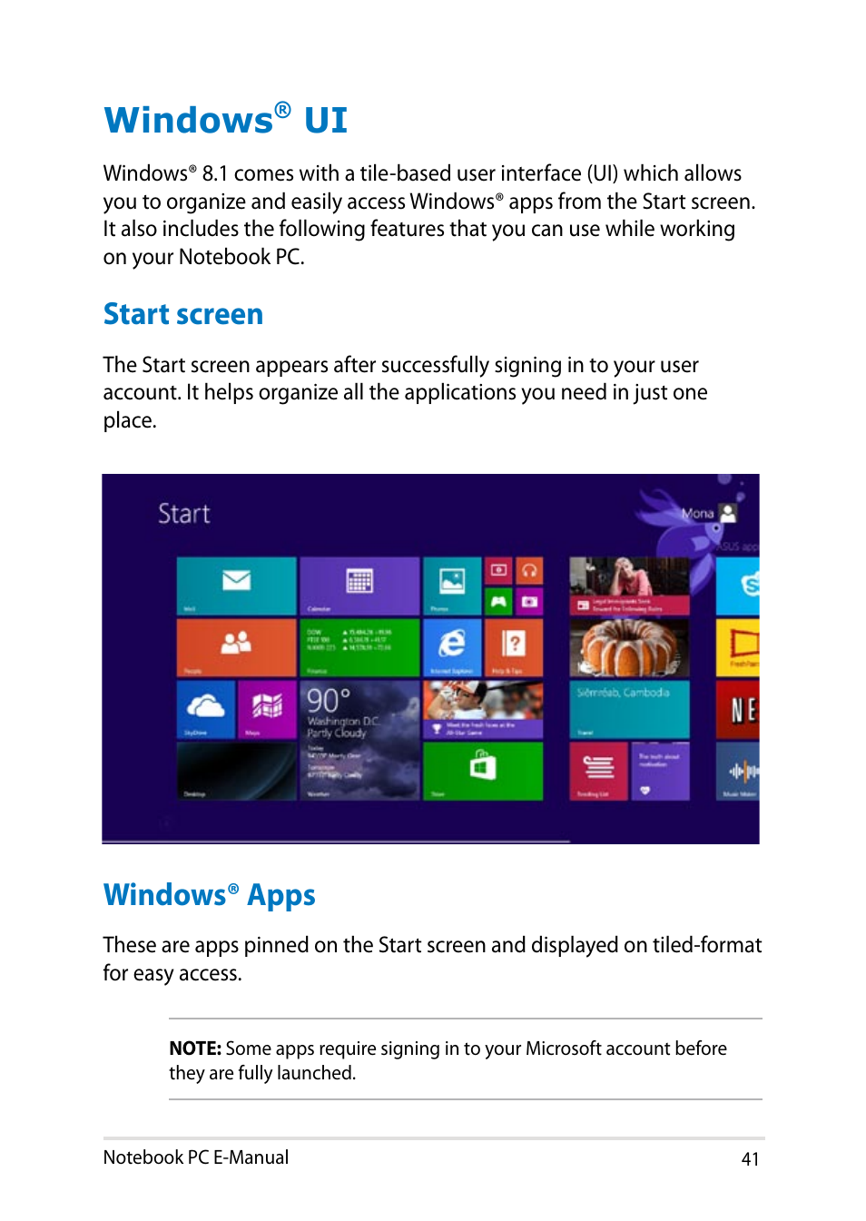 Windows® ui, Start screen, Windows® apps | Windows, Start screen windows® apps | Asus T100TA User Manual | Page 41 / 96