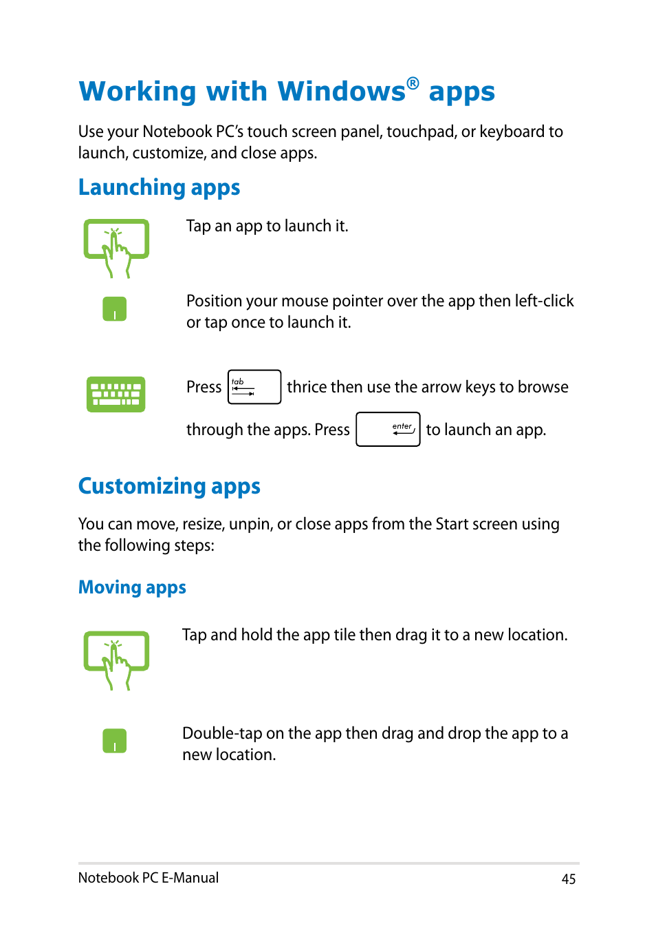 Working with windows® apps, Launching apps, Customizing apps | Working with windows, Apps, Launching apps customizing apps | Asus T100TA User Manual | Page 45 / 96