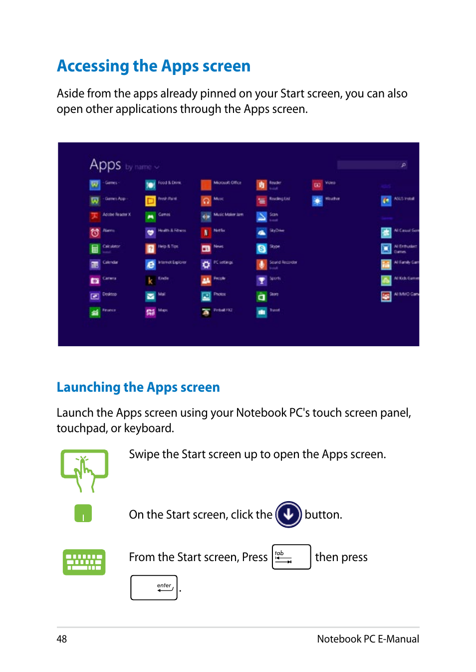 Accessing the apps screen | Asus T100TA User Manual | Page 48 / 96
