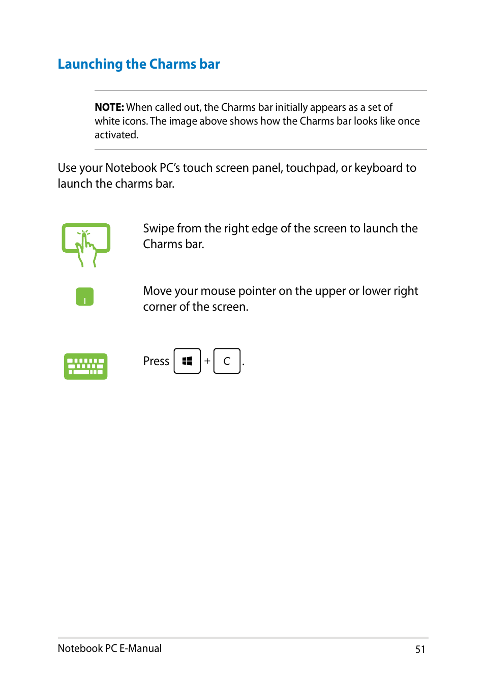 Launching the charms bar | Asus T100TA User Manual | Page 51 / 96