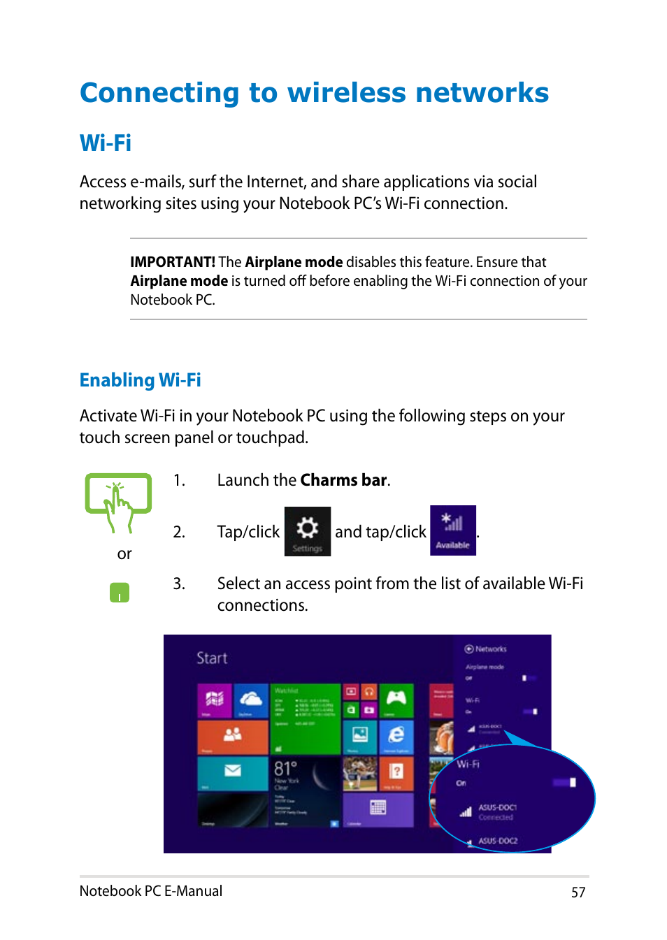 Connecting to wireless networks, Wi-fi | Asus T100TA User Manual | Page 57 / 96