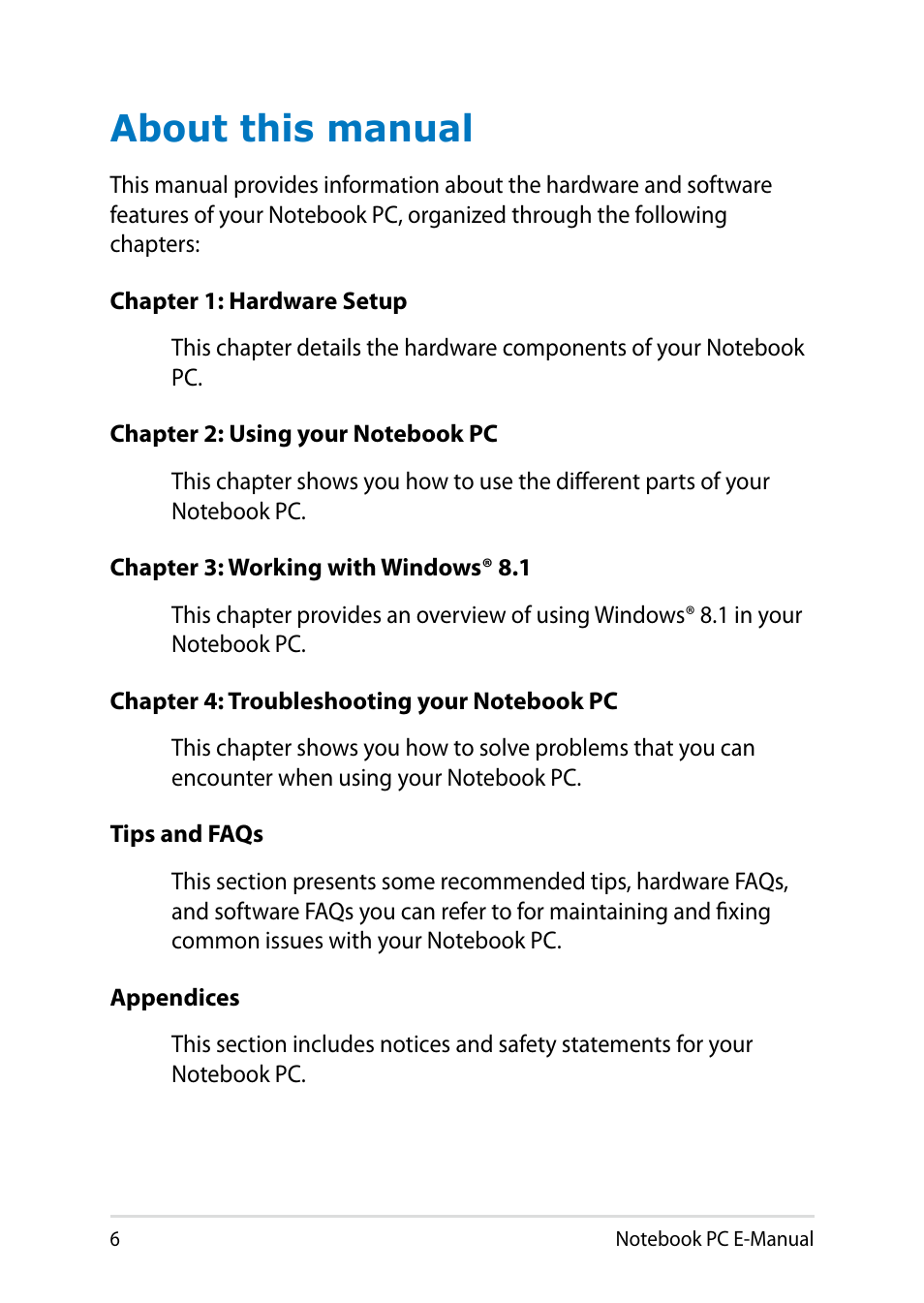 About this manual | Asus T100TA User Manual | Page 6 / 96