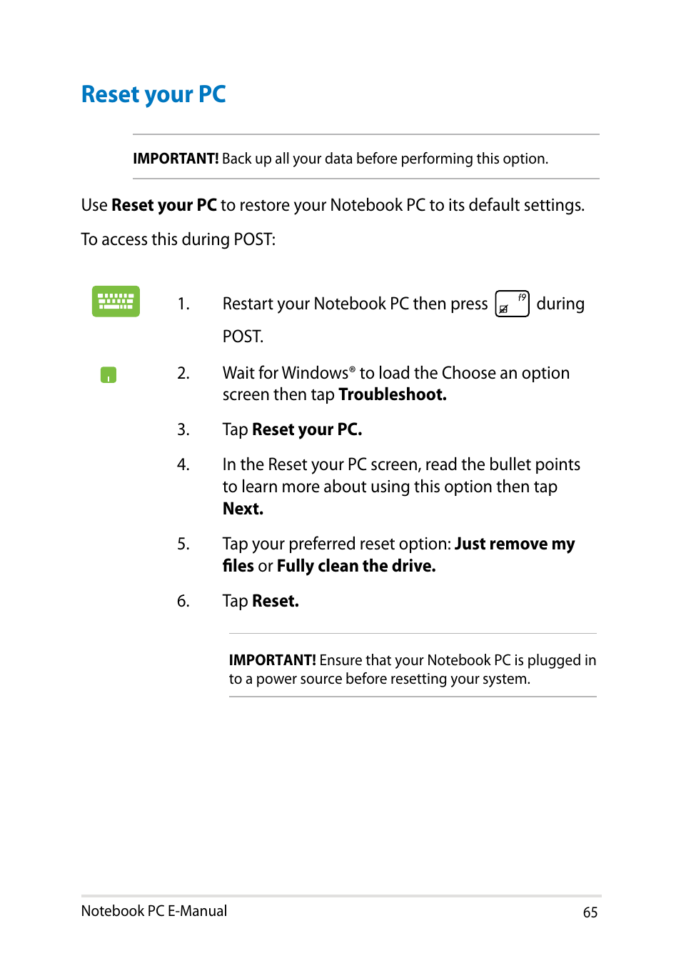 Reset your pc | Asus T100TA User Manual | Page 65 / 96