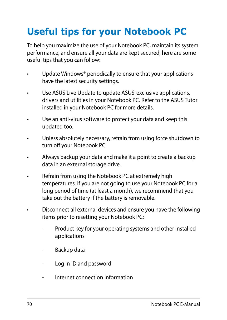Useful tips for your notebook pc | Asus T100TA User Manual | Page 70 / 96