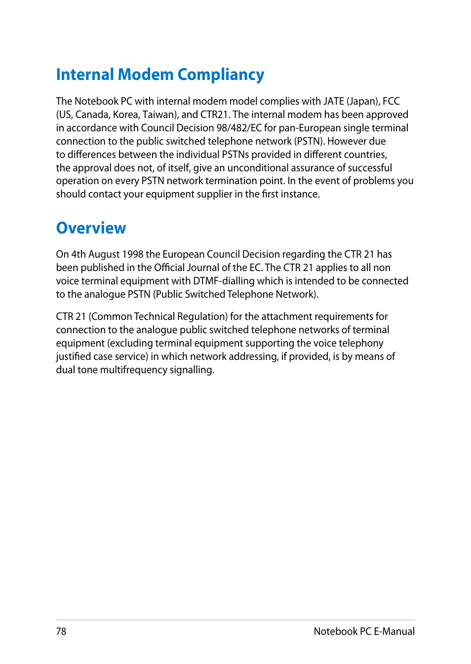 Internal modem compliancy, Overview, Internal modem compliancy overview | Asus T100TA User Manual | Page 78 / 96