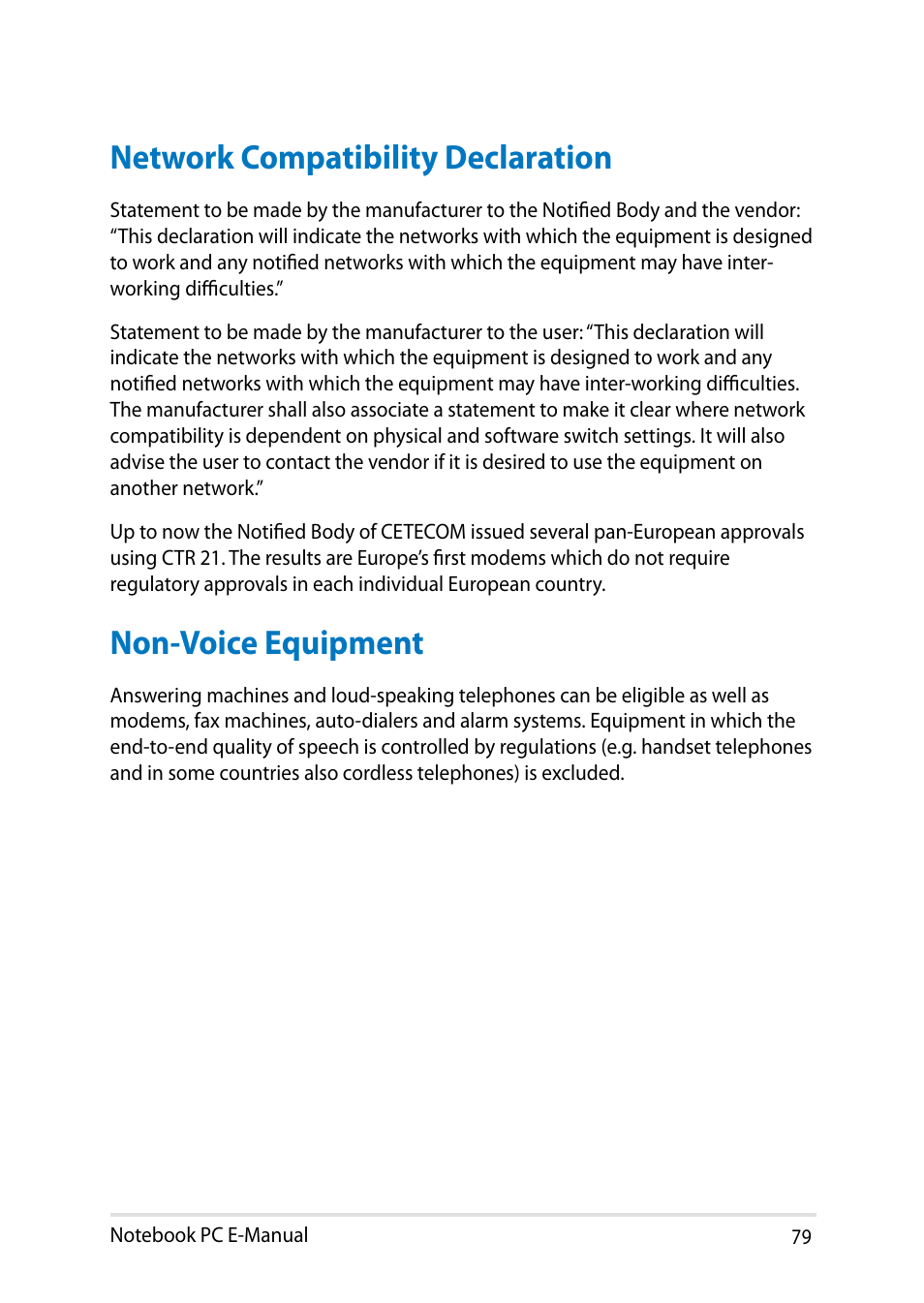 Network compatibility declaration, Non-voice equipment | Asus T100TA User Manual | Page 79 / 96