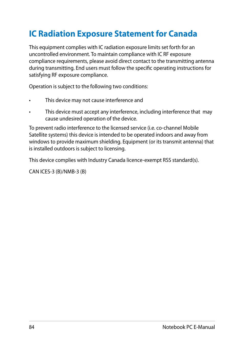 Ic radiation exposure statement for canada | Asus T100TA User Manual | Page 84 / 96