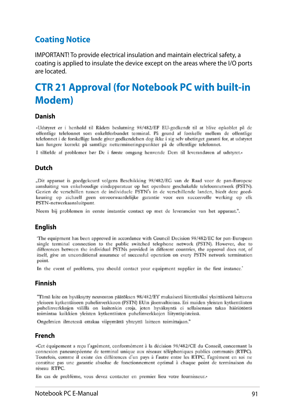 Coating notice | Asus T100TA User Manual | Page 91 / 96