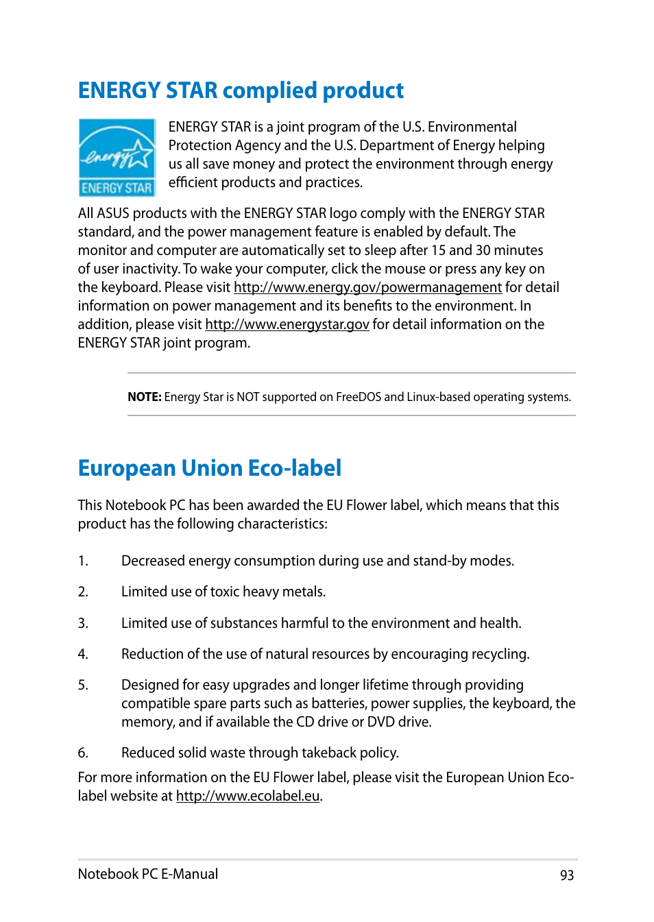 Energy star complied product, European union eco-label | Asus T100TA User Manual | Page 93 / 96