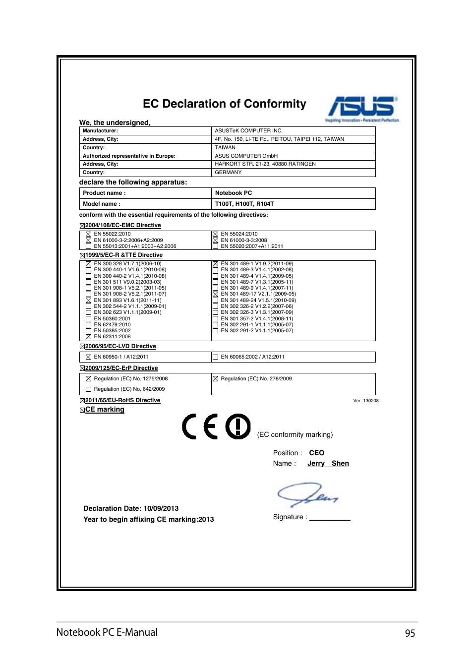 Ec declaration of conformity | Asus T100TA User Manual | Page 95 / 96