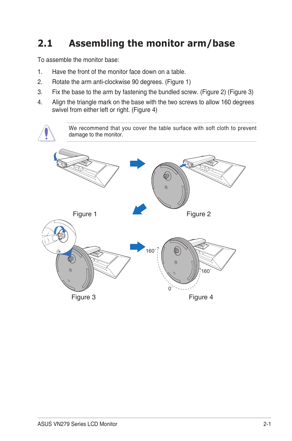 1 assembling the monitor arm/base, Chapter.2:.....setup, Assembling.the.monitor.arm/base -1 | Asus VN279QLB User Manual | Page 15 / 30